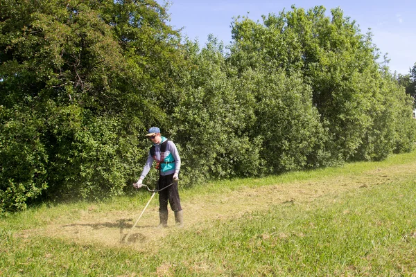 Молодой человек стрижет траву — стоковое фото