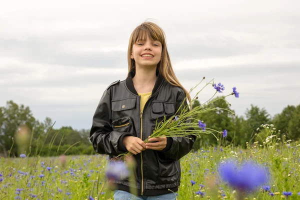 Fiatal lány mező Búzavirág — Stock Fotó