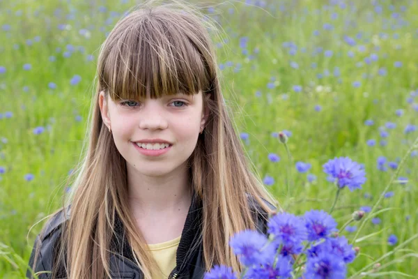 Mladá dívka v oboru Chrpa — Stock fotografie