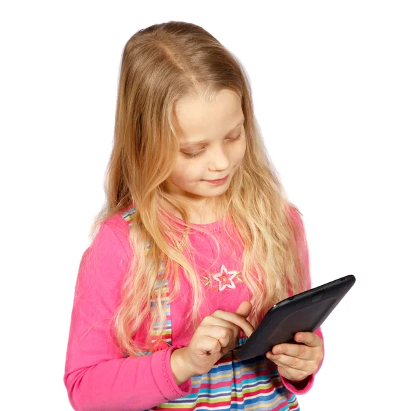 Menina usando um computador tela sensível ao toque — Fotografia de Stock