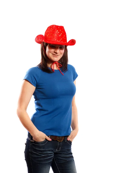 Frau mit rotem Cowboyhut — Stockfoto