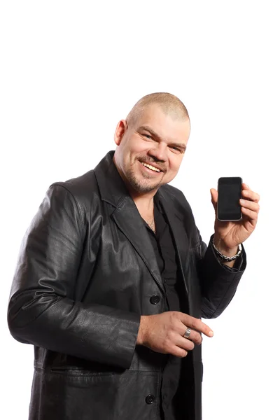 Usmívající se muž s mobilní telefon — Stock fotografie
