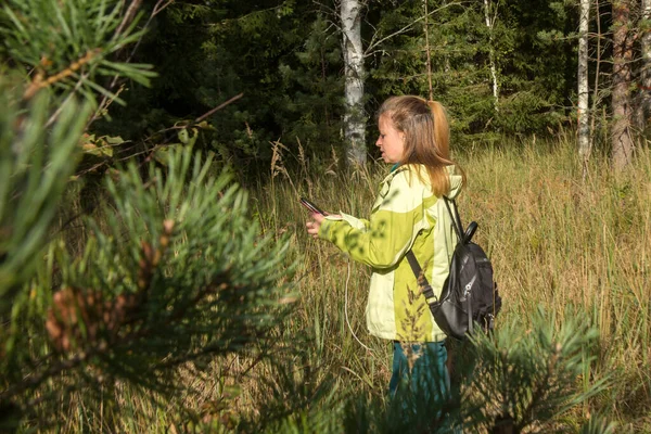 Woman Looking Her Mobile Phone Forest Playing Geocaching — стоковое фото