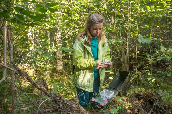 Woman Her Mobile Phone Forest Playing Geocaching — Stockfoto