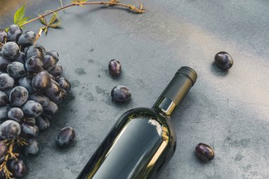 Bir şişe kırmızı şarap, yeşil asma ve eskimiş koyu taş masa zemininde olgun üzüm. Metin için üst görünüm kopyalama alanı. Şarap dükkanı şarap dükkanı ya da şarap tatma konsepti