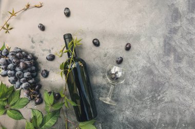 Bir şişe kırmızı şarap, yeşil üzüm, şarap kadehi ve olgun üzümlü eskimiş taş masa arkaplanı. Metin için üst görünüm kopyalama alanı. Şarap dükkanı şarap dükkanı ya da şarap tatma konsepti