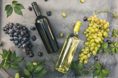 Şişe kırmızı ve beyaz şarap, yeşil şarap, şarap kadehi ve olgun üzümlü eskimiş taş masa arkaplanı. Şarap dükkanı şarap dükkanı ya da şarap tatma konsepti.
