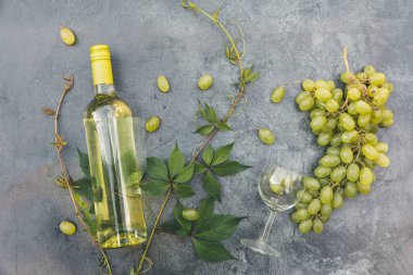 Şişe beyaz şarap, yeşil şarap, şarap kadehi ve eski gri taş masa zemininde olgun üzüm. Şarap dükkanı şarap dükkanı ya da şarap tatma konsepti.