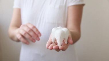 Sağlık diş sağlığı konsepti. Beyaz arka planda izole edilmiş beyaz, sağlıklı bir diş modelini tutan kadın. Diş beyazlatma, diş temizliği, diş bakımı, dişçi günü..