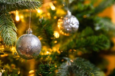 Klasik Noel süslemeli yılbaşı ağacı. Noel ağacı, gümüş süslemeler, süsler, oyuncak ve top. Modern klasik stil iç tasarım dairesi. Evde Noel arifesi.