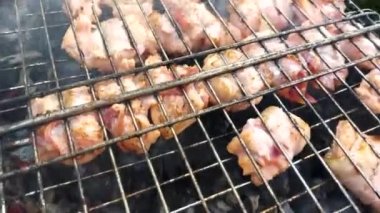 Izgarada taze somon balığı ve pastırma eti. Kızarmış ızgarada ızgara pişirme. Kırsal kamp ateşinde sağlıklı öğle yemeği kızartması. Kamp yemeği, piknik, hafta sonu dinlenme konsepti.