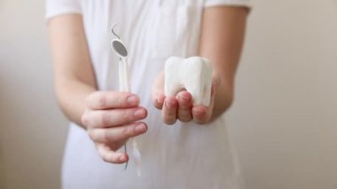 Sağlık diş sağlığı konsepti. Beyaz diş modelini tutan kadın ve beyaz arka planda izole edilmiş diş aynası. Diş beyazlatma, diş temizliği, diş bakımı, dişçi günü..