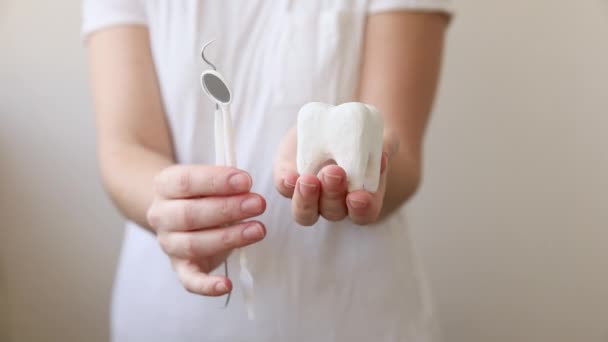 Concepto de cuidado dental de salud. Mano de mujer sosteniendo modelo de diente sano blanco y espejo dental aislado sobre fondo blanco. Blanqueamiento dental, higiene bucal dental, restauración dental, día del dentista. — Vídeo de stock