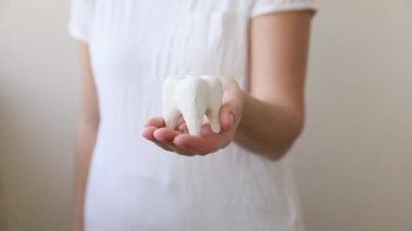 Sağlık diş sağlığı konsepti. Beyaz diş modelini tutan kadın ve beyaz arka planda izole edilmiş diş hekimi aleti. Diş beyazlatma, diş temizliği, diş bakımı, dişçi günü..