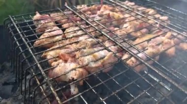 Izgarada taze somon balığı ve pastırma eti. Kızarmış ızgarada ızgara pişirme. Kırsal kamp ateşinde sağlıklı öğle yemeği kızartması. Kamp yemeği, piknik, hafta sonu dinlenme konsepti.
