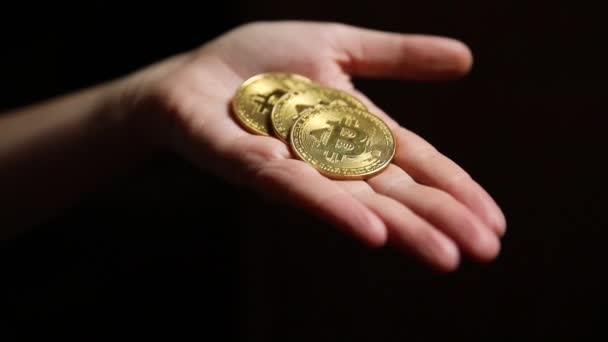 한 여성 이 암흑가에서 암호화 된 비트코인 동전을 들고 있습니다. 웹 뱅킹 과 국제 네트워크 결제를 위한 전자 가상 돈입니다. 크 립 토 가상 화폐의 상징. 채광 개념. — 비디오