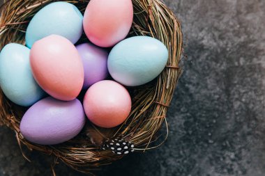Happy Easter concept. Preparation for holiday. Colorful pastel decorated easter eggs in nest on grunge scratched dark black shale background. Simple minimalism flat lay top view copy space