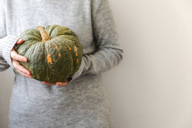 Sonbahar Arkaplanı. El ele tutuşan tanınmayan bir kadın sonbahar balkabağı, beyaz arka planda izole edilmiş. Mevsimler değişti olgun organik yiyecekler, Cadılar Bayramı partisi Şükran Günü