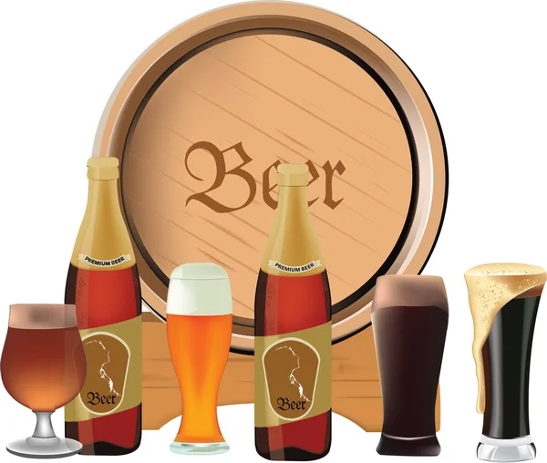 Barile Birra Con Varietà Birre — Vettoriale Stock