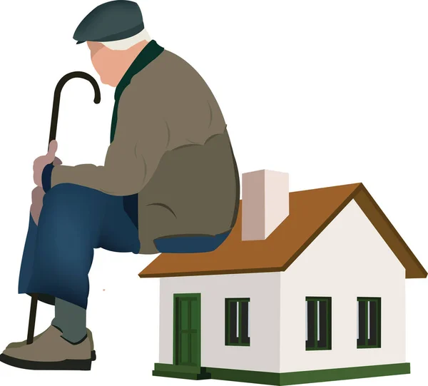 Anciano Solitario Con Palo Sentado Casa — Vector de stock