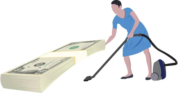 Уборщица чистит под долларом, уборщица чистит под долларовую взятку — стоковый вектор