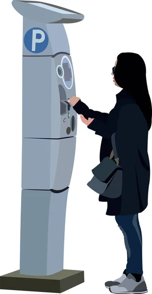 Pessoa Feminina Paga Estacionamento Para Máquina Automática —  Vetores de Stock