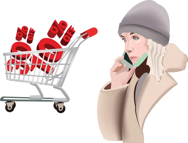 Женщина Мобильным Телефоном Делает Скидки Покупки — стоковый вектор