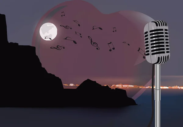 Noc Krajobraz Mikrofon Odgrywa Muzykę Sentymentalną — Wektor stockowy