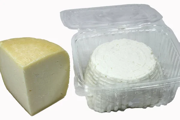 Soft pecorino and ricotta cheeses in tubs- — ストック写真