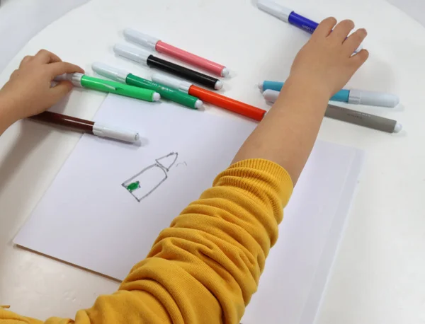 Child Hands Draw Brush — Stock Photo, Image