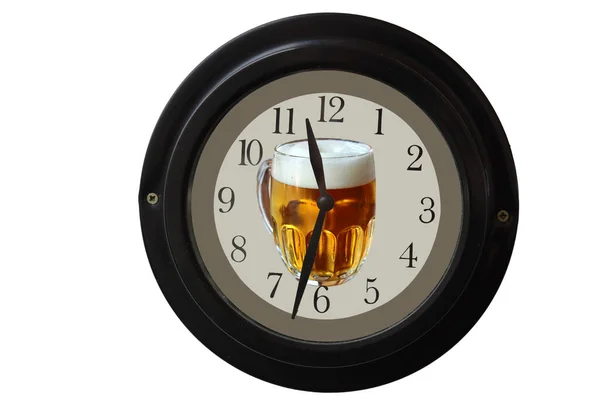 Reloj Pared Marca Hora Descanso Una Cerveza — Foto de Stock