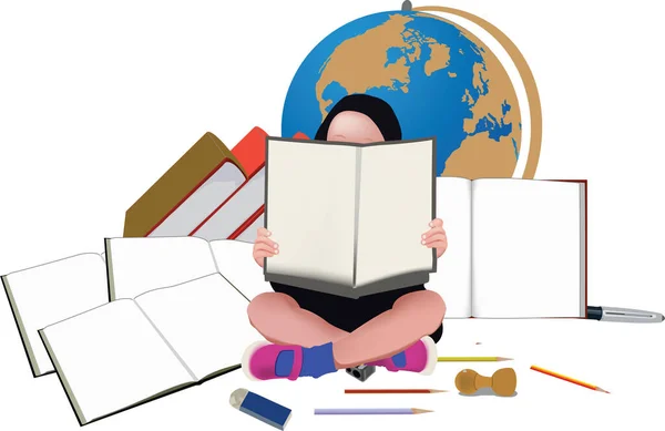 Kind Liest Und Lernt Mit Internationalen Sprachbüchern — Stockvektor