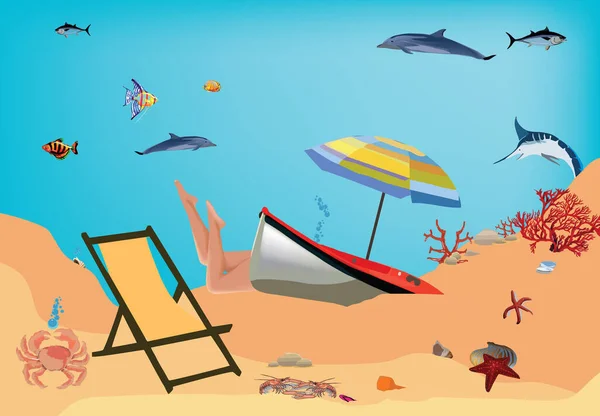 Beach Holiday Sand Boat Fish — Stock vektor