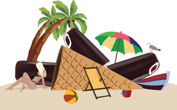 Пляжный Отдых Пальмы Шезлонги Мороженое Песок — стоковый вектор