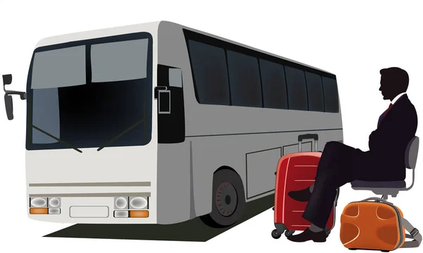 Personne Distinguée Attend Avec Valise Arrivée Bus — Image vectorielle