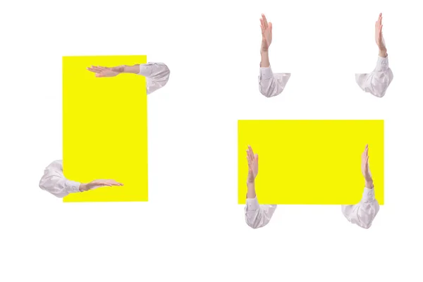 Положення Жіночих Рук Підтримує Жовтий Знак — стокове фото