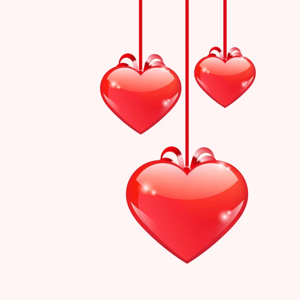 Corazones rojos brillantes colgando con lazos de cinta — Vector de stock