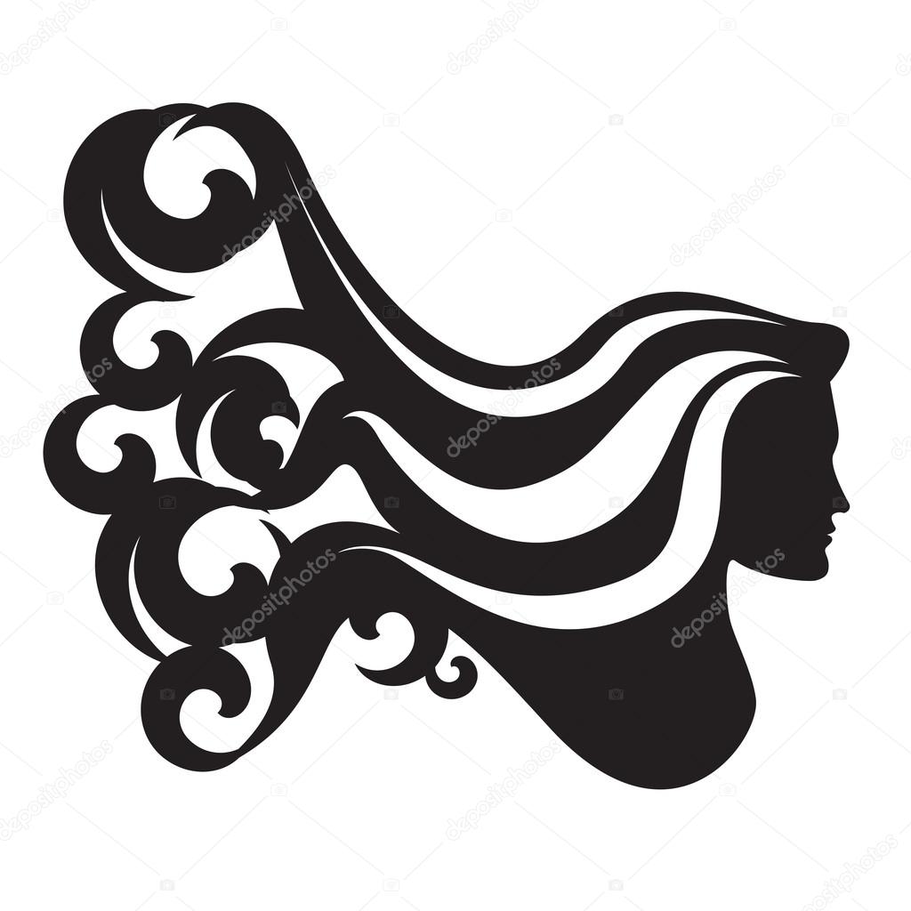 Profile silhouette of a woman head with long waving hair
