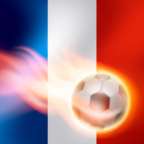 Fútbol en llamas sobre fondo de bandera de Francia — Vector de stock