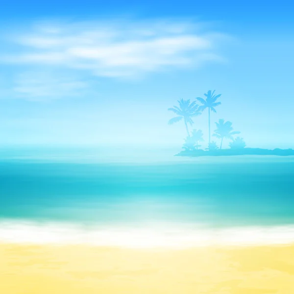 Playa y mar tropical con isla y palmeras . — Vector de stock