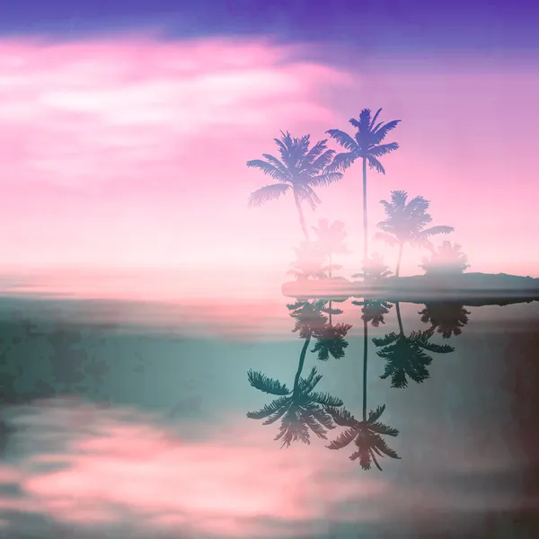 ada ve palmiye ağaçlarıyla deniz günbatımı. retro tarzı ile eski dokulu kağıt.