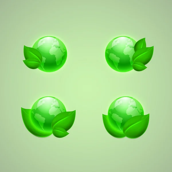 Set di icone per app o web design. Foglie verdi con i globi — Vettoriale Stock