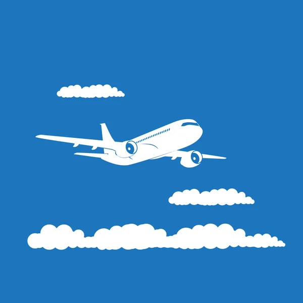 青色の背景に雲と飛行機のシルエット. — ストックベクタ
