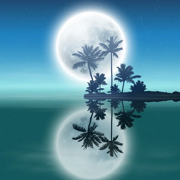 Mer avec île avec palmiers et pleine lune la nuit . — Image vectorielle