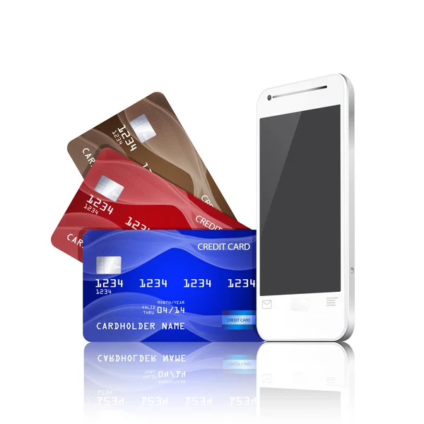 Mobiele telefoon met credit cards. mobiel betalen concept. — Stockvector