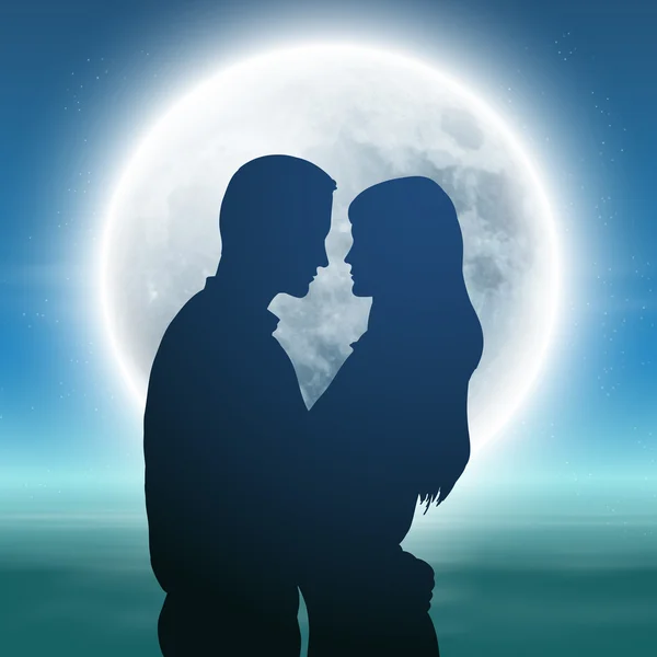 Mare con luna piena e coppia silhouette di notte . — Vettoriale Stock