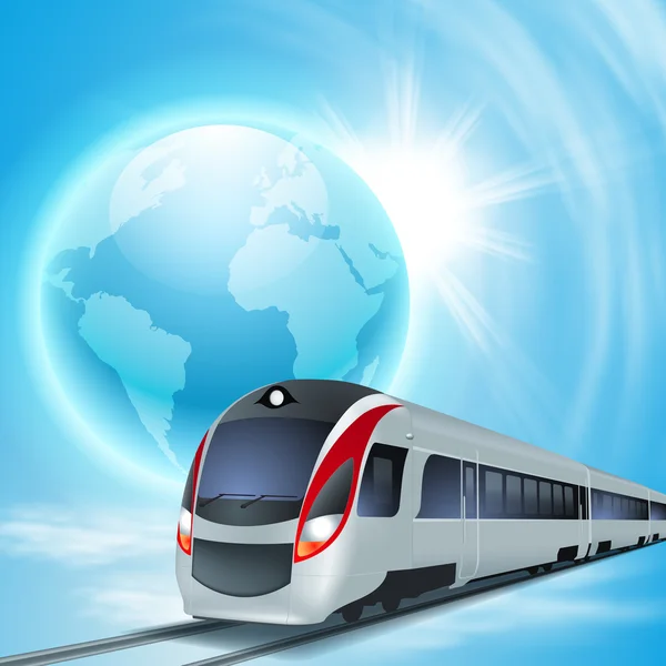 Koncept pozadí s vysokorychlostní vlak, zeměkouli a slunce. — Stockový vektor