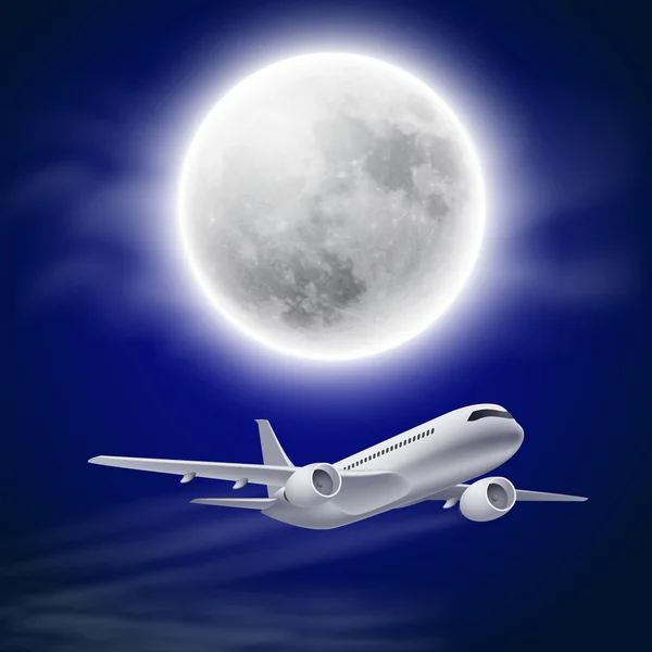 Avión en el cielo nocturno con luna . — Vector de stock