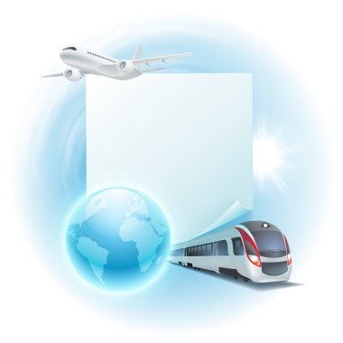 Uçak, tren, Küre ve Not metniniz için seyahat illüstrasyon kavramı