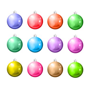Beyaz arka planda bir dizi Noel topu.